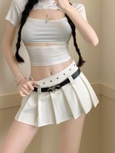 GUZILIAN | High Waist Pleated Mini Skirt For Women With Belt Korean Style A-Line Short Skirt White Color Summer Pure Desire Slimming Half Body Skirt