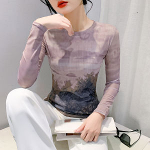 REHIN Round Collar Long-Sleeve Mesh Unique Printed T-Shirt - Elegant & Comfortable Fall/Winter Womens Top