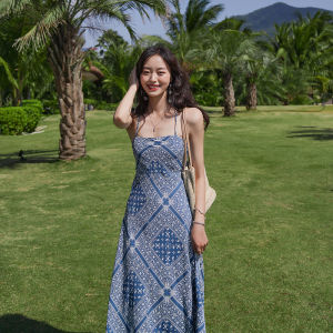 Thailand Holiday Backless Dress Super Fairy Ethnic Style Strap Dress Beach Seaside Elegant Blue Chiffon Skirt