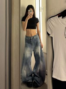 Quần Jeans Nữ Ống Rộng Dài Đến Sàn Kiểu Dáng Thẳng Cạp Cao Màu Xanh Denim Quần Dài Mùa Hè Phong Cách Mỹ Cổ Điển Dài Thẳng
