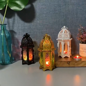 Hanging Iron Crystal Glass Wind Lamp Lantern Tea Candle Holder