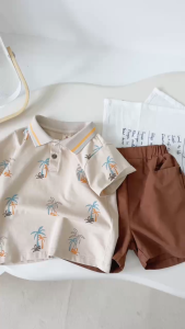 Set bộ polo bé trai màu nâu họa tiết cây dừa kèm quần short kaki 1 đến 7tuổi BERNIE H0825B41Đ