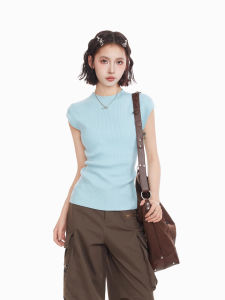 Blue Knitted Short Sleeve T-Shirt Women Summer Slim Fit Shoulder Length Half High Neck Small Flying Sleeve No Sleeve Top