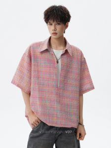 V37 | Pseudo Two-Piece Check Pattern Bubble Fabric Short Sleeve Shirt