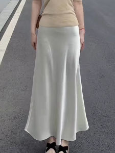 MEITESIJIAONU | Pearl White Acetate Satin A-Line Fish Tail Skirt