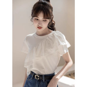 WomenS Pure Cotton T-Shirt Short Sleeved Summer Top Front Shoulder Loose Ruffle Edge Top 2025 New Blouses Plus Size