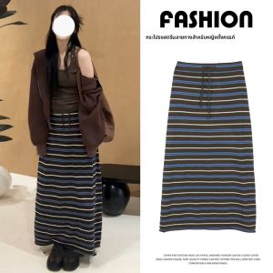 กระโปรงยาวทรงเอเอวสูงสำหรับผู้หญิงตั้งครรภ์ ทรงหลวม ลายทาง กระโปรงยาวคลุมเข่า ทรงเข้ารูป กระโปรงสั้น ฤดูใบไม้ผลิและฤดูใบไม้ร่วง