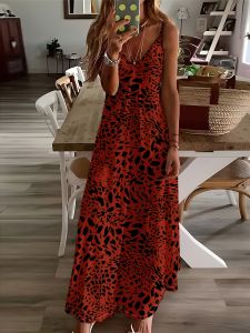Printed Design Red Leopard Print Pattern Dress Four Seasons elegant style casual style sling dress
