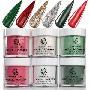 ผงอะคริลิคสำหรับทำเล็บ ชุดคริสต์มาส 6 กระปุก สีแดง เขียว ทอง เงิน สำหรับต่อเล็บ แกะสลักลายดอกไม้