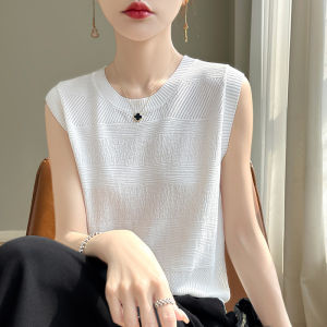 Summer Thin round Neck Ice Silk Strap Vest Base Shirt Loose Outerwear White Sleeveless T-Shirt Knitted Top Womens Fashion