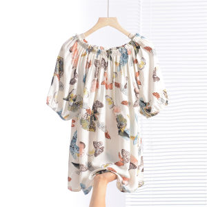 Artificial Cotton Batwing Sleeve off-Shoulder Cotton Silk Tops Womens off-Neck Shirt Summer K-style Loose Casual Floral T-shirt