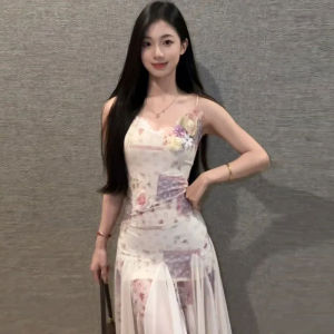 CHANGTONG | ชุดเดรสยาวคลุมสะโพกพิมพ์ลายดอกไม้สไตล์ย้อนยุค ทรงเข้ารูป แขนกุด คอวี ทรงเอ ชุดทำงานฤดูร้อนสำหรับผู้หญิงวัย 18-24 ปี