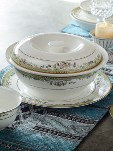 Large Soup Bowl Ceramic Bone China 9 Inch Fish Cooking Bowl Water Container round Shape American Style Garden Flower Pattern