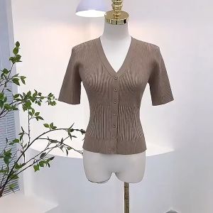 Women Button Knitted Top Fashion New Casual Short Sleeve V -neck Top