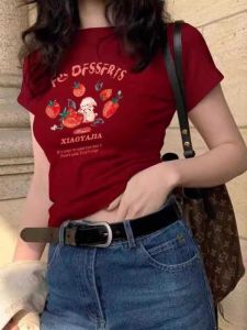 Retro American Red Cotton Short Sleeve round Neck Print T-Shirt Womens Anti-Aging Slimming Short Style Fashionable Top