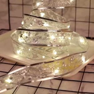 【Gift】Golden Christmas Ribbon LED Lights(5m/10m) Christmas Tree Decoration Glow Ribbon Lights 5M/10M Ribbon Light Christmas Tree Decorations Xmas Fairy Lights Bedroom Party Need Diy Gift Box Parts Waterproof Copper Wire Ribbon Bows Lights