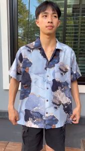 เสื้อเชิ้ตฮาวาย วินเทจ ผ้าไหมอิตาลี ลายหินอ่อน F46