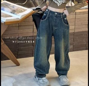 กางเกงยีนส์ทรงตรงสำหรับเด็กผู้หญิง กางเกงยีนส์ทรงยาวสไตล์เกาหลี ฤดูใบไม้ผลิและฤดูใบไม้ร่วง เสื้อผ้าเด็ก เสื้อผ้าเด็ก