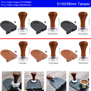 2Pc/Set Wood Handle Coffee Powder Hammer Espresso Coffee Tamper 51mm/53mm/58mm+Black/Brown Silicone Corner Mat