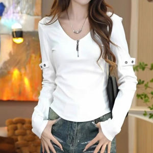 Áo Thun Dài Tay Cổ Chữ V Bằng Cotton Nguyên Chất Cỡ Lớn Thời Trang Thu Đông Cho Nữ Áo Lót Cơ Bản Dáng Ôm Chất Liệu Khác