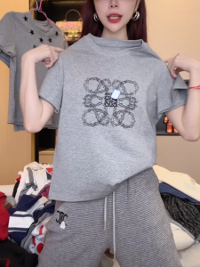 Fashionable Embroidered Short Sleeve T-Shirt Womens Loose Fit Summer New Style Slimming Shoulder Line round Neck Cotton Top