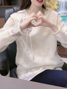 New Chinese Style Embroidered Lace Hem Shirt Womens Heavy Work Autumn Winter Design Elegant Fashion Top Trendy Loose Fit