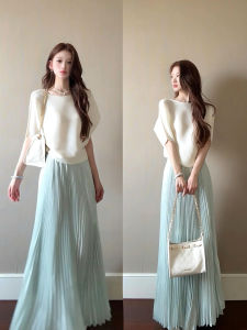 XUECAIQI | Summer French Style Elegant Short Sleeve Top and High Waist Pleated Skirt Set