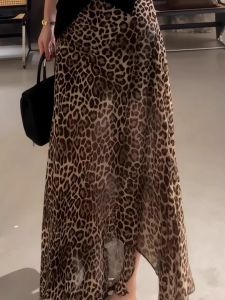 Summer New Vintage Draped Leopard Print Half Skirt for Women Elegant Mature Style Casual Polyester Fiber mid Waist H Type
