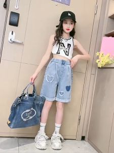 Girls denim shorts 2025 new summer dress all match medium size children casual pants five or six points little girl shorts