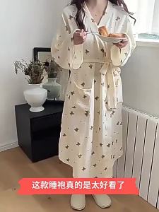 Women Bathing Robe Cartoon Cute Bear Print Bathrobe Nightgown Cardigan Long Sleeve Nightdress Plus Size Loungewear Nightgown Ro