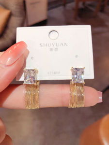 Elegant Retro Block Rhinestone Tassel Earrings Womens Fashion 2-Way Wear Silver Needle Studs Korean Style Alloy Jewelry