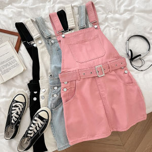ชุดเดรสเอี๊ยมผ้ายีนส์เอวสูงใส่แล้วดูผอมเพรียวแมทช์ง่ายลำลองมีดีไซน์สไตล์เกาหลีกระโปรงสั้นกระโปรงคลุมสะโพกผู้หญิงสำหรับคนตัวเล็ก