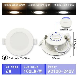 GATETOP | 1-10 Pack 3 CCT 3000K 4000K 6500K LED Downlight 120V 220V Dial Swich Ceiling Light Recessed Round Panel Light Indoor Lighting