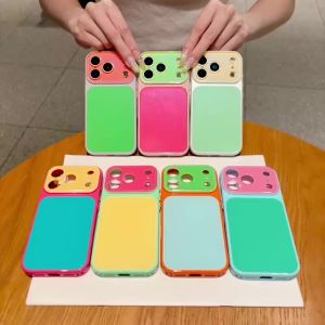 Summer Dopaamine Color Block Acrylic Back Panel Phone Case For iPhone 17 16 15 14 Pro Max New Popular Leather Frame Cover