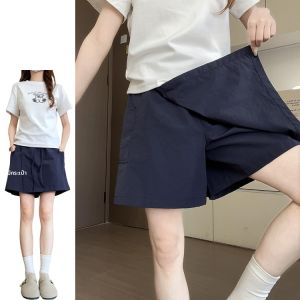 กางเกงขาสั้นผ้าไหมน้ำแข็งสีน้ำเงินเข้มเอวสูงสไตล์ย้อนยุค กางเกงขายาวทรงหลวมสำหรับผู้หญิงในช่วงฤดูร้อนปี 2025 ทรงสลิมฟิต กางเกงขายาวทรงสลิมฟิต