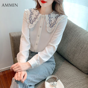 AMMIN 2023 autumn new long-sleeved fungus edge embroidered lapel white shirt Korean style fashion temperament doll collar lace embroidered chiffon top For women