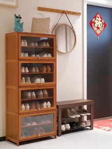 Elegant Teak Wood Shoe Rack with Clear Glass Doors and Anti-Debris Design 3/5/7/11-Tier