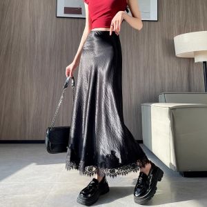 WANGGONGZHU | High Waist Lace Trim Satin Half Skirt Womens Summer Slimming A-Line Fish Tail Long Skirt Korean Style Commute Pure Color