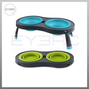Elevated Plastic Non-Slip Double Collapsible Pet Bowl for Cats & Dogs - Universal Raised Dish - Durable Silicone