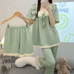 Online Red Pajamas Womens Summer Cute Short Sleeve Pants Pure Cotton Three-Piece Suit Spring and Autumn Sweet Princess Style Homewear