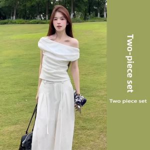 YUEZHONGWEI | White Asymmetric Off-Shoulder Short Sleeve Slim Fit Summer T-Shirt for Women