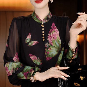 Spring Summer New Fashion Print Stand Collar Long Sleeve Top Women Casual Ageless Slimming Small Shirt Mom Clothes Lace Fabric Loose Fit