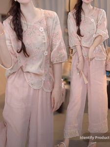 Shalldoer | Pink Age-Defying Set Womens Summer New Chinese Button Shirt Straight Lace Long Pants Two-Piece Suit Elegant Fashionable
