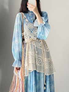 Áo Dài Tay In Nhuộm Màu Xanh Bohemian Đầm Mùa Xuân Mùa Thu Mùa Đông Một Mảnh Phong Cách Boho Nữ Thời Trang Thanh Lịch Thoải Mái Đầm