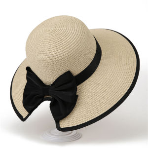 Summer Beach Vacation Sun Protection Wide Brim Straw Hat Womens Fisherman Hat with Butterfly Knot Elegant round Top Cap