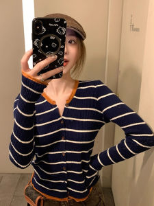 เสื้อชั้นในถักสีน้ำเงินคอวีลายทางสำหรับผู้หญิง ทรงสลิมฟิต แขนยาว ทรงสั้น คุณภาพเยี่ยม แฟชั่นฤดูใบไม้ร่วง