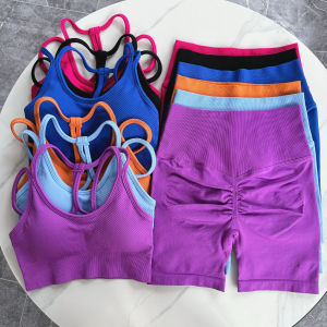 Womens Fitness Sportswear Set Running Training Two-Piece Yoga Thin Belt Beautiful Back High Waist Peach Pants Moisture Wicking Quick Dry Ultra Stretch Breathable