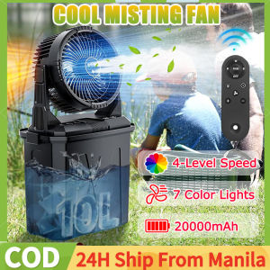 Portable Misting Fan With 10L Bucket 10-Inch Outdoor Fans Floor Water Cooling Fan With Remote 20000mAh USB Rechargeable 3 Strong Winds 3 Spray Mister 7 Colorful Light Energy Conservation For Fishing Travel Party