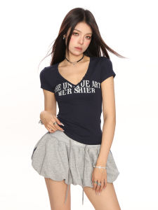 Summer Slim Fit Short Sleeve T-Shirt Womens V-neck Letter Print Casual Style Korean Version Comfortable Breathable Top