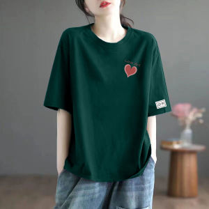 Summer New plus Size Womens Loose Cotton T-Shirt Short Sleeve Slimming Top Belly Covering Base Shirt Comfortable round Neck Print Tee